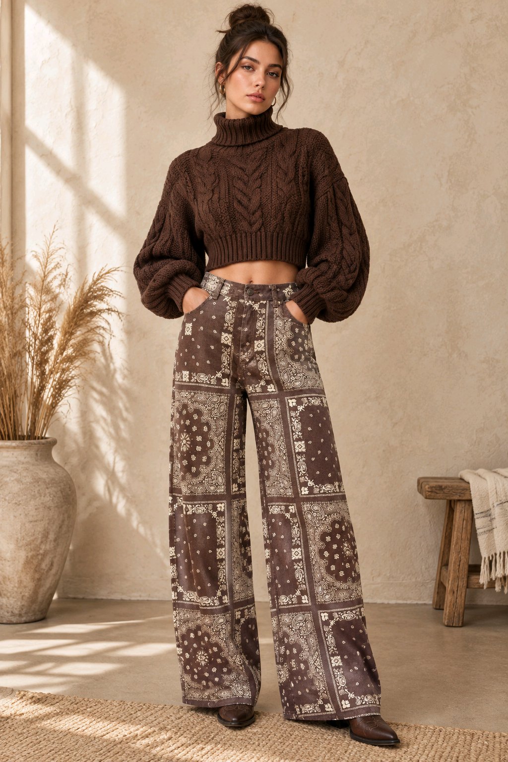 Boho Wide Leg Τζιν Παντελόνι με Bandana Print