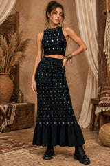Boho Σετ Crop Top & Maxi Φούστα με Μεταλλικά Τρουκς