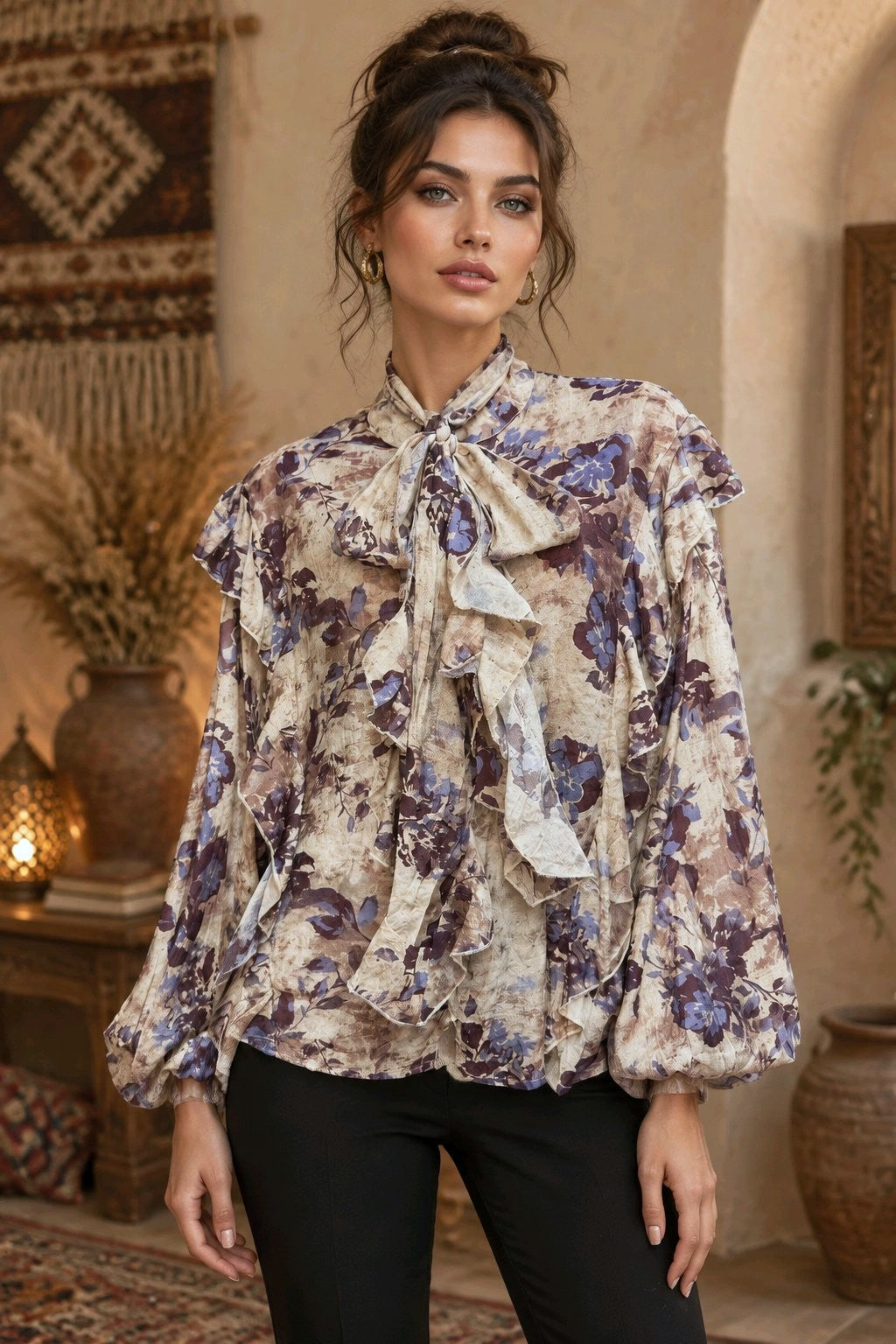 Boho Romantic Πουκάμισο με Δέσιμο στον Λαιμό & Βολάν
