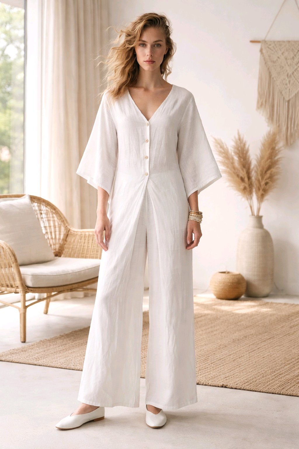 Ολόσωμη φόρμα 100% λινό με κουμπιά — Soft Off-White