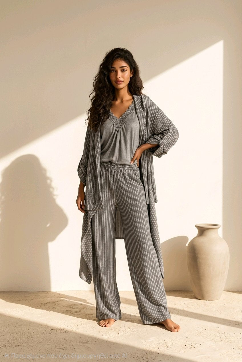 Γυναικείο Ριγέ Σετ Ζακέτα & Παντελόνα – Relaxed Boho Style - Γκρι