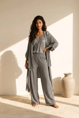 Γυναικείο Ριγέ Σετ Ζακέτα & Παντελόνα – Relaxed Boho Style - Γκρι