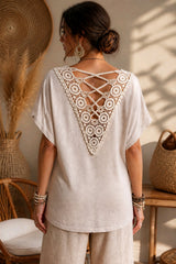 Μπλούζα Βαμβάκι & Λινό με Boho Δαντελένια Crochet-Look Πλάτη