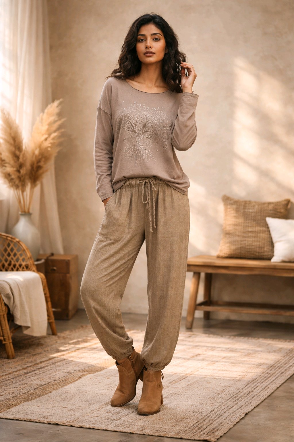 Γυναικεία Μπλούζα σε Χρώμα Taupe με Τύπωμα