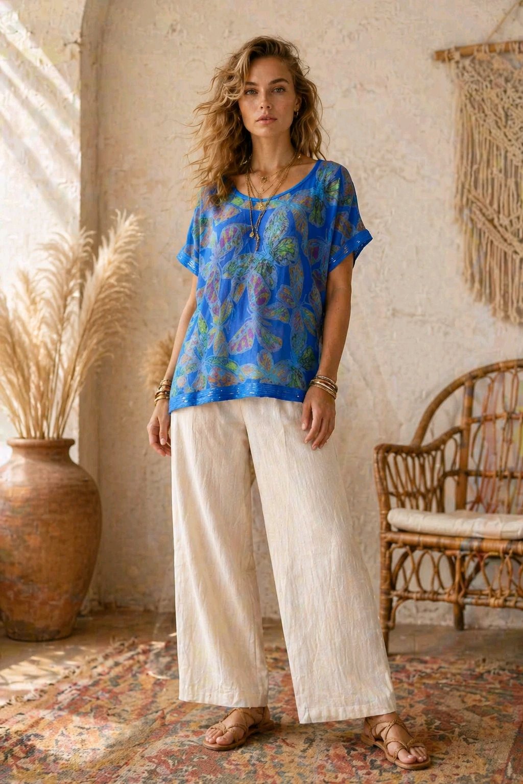 Boho Μπλούζα με Ethnic Print & Παγιέτες – Μπλε
