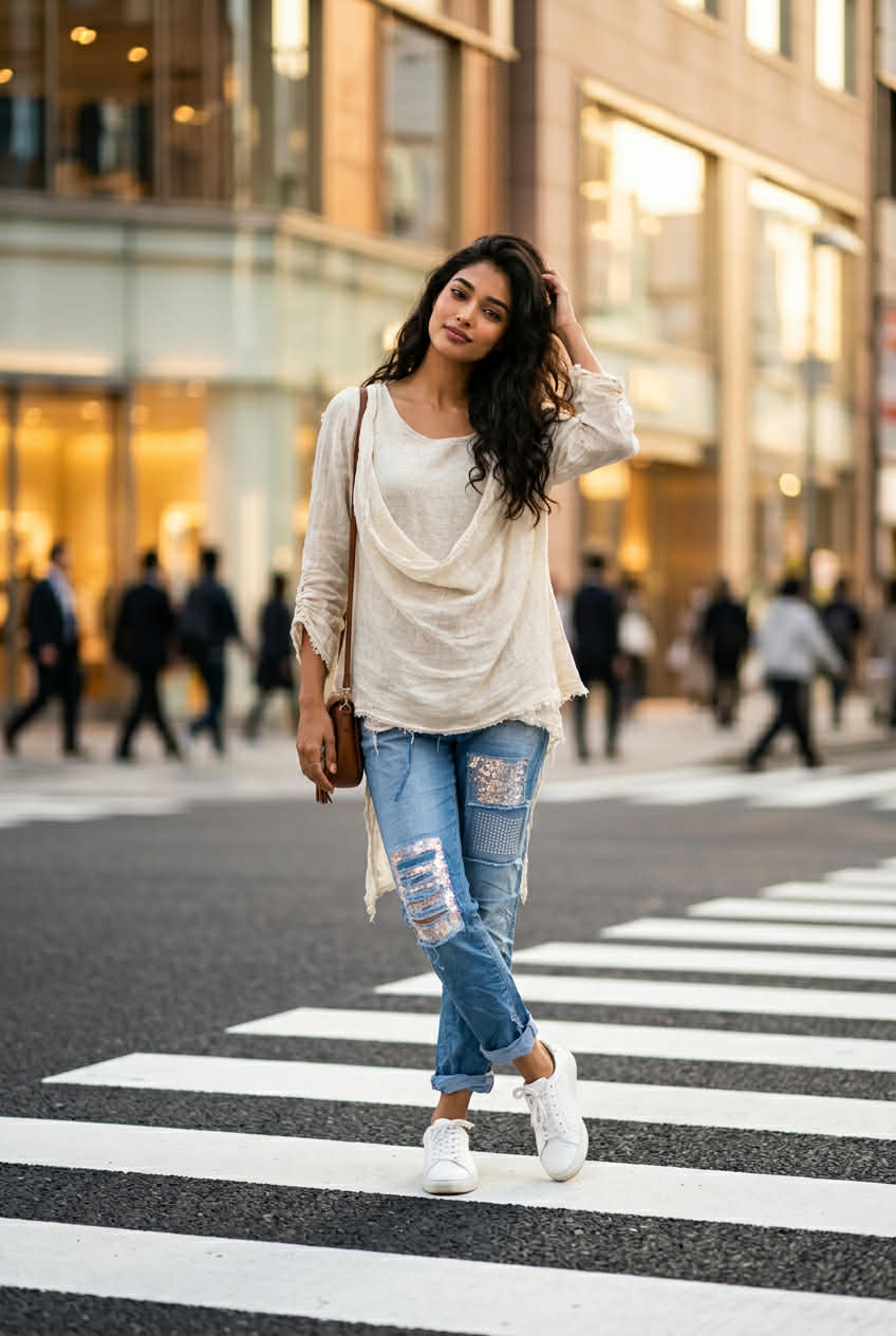 Λινή Ασύμμετρη Μπλούζα με Drapé Λαιμόκοψη – Μπεζ