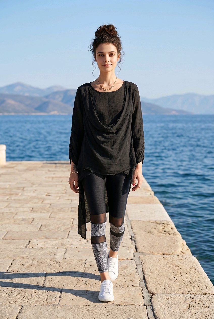 Λινή Ασύμμετρη Μπλούζα με Drapé Λαιμόκοψη – Μαύρη