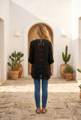 Λινό Πουκάμισο με Παγιέτες και Σχέδιο Δαντέλας στην Πλάτη - Μαύρο