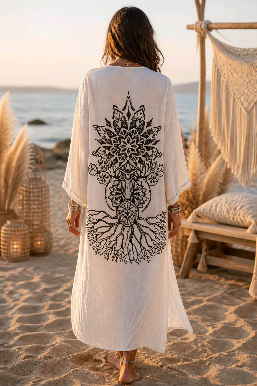 Boho Maxi Κιμονό με Διακοσμημένο Mandala Σχέδιο στην Πλάτη