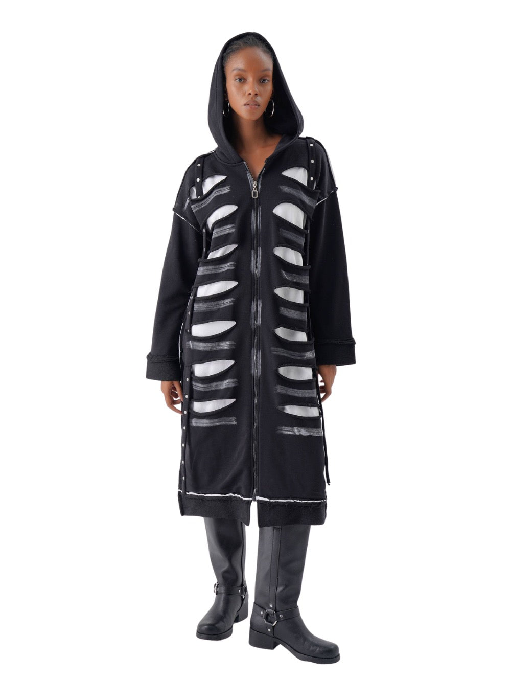 Ζακέτα φούτερ με σκισίματα Δίχρωμο Μαύρο Βαμβακερό σε Άνετη γραμμή