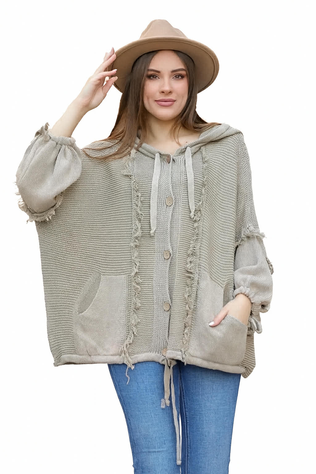 Ζακέτα με κουκούλα 100% βαμβάκι Μονόχρωμο Μπεζ Βαμβακερό σε Άνετη γραμμή