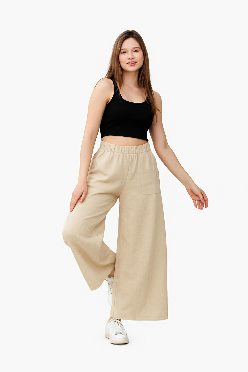 Βαμβακερό παντελόνι με τσέπες Μονόχρωμο Μπεζ Βαμβακερό σε Άνετη γραμμή