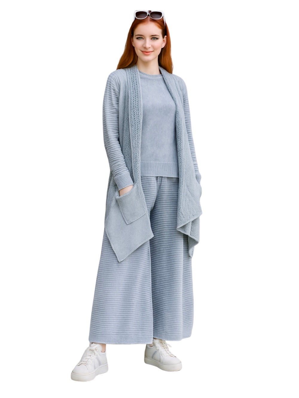 Βαμβακερό σετ μπλούζα - γιλέκο - παντελόνι Μονόχρωμο Γκρι σε Φαρδιά γραμμή