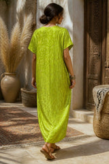 Μάξι Φόρεμα Βισκόζης με Χρυσό Paisley Print - Lime Green