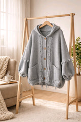 Ζακέτα με κουκούλα 100% βαμβάκι Μονόχρωμο Γκρι Βαμβακερό σε Άνετη γραμμή