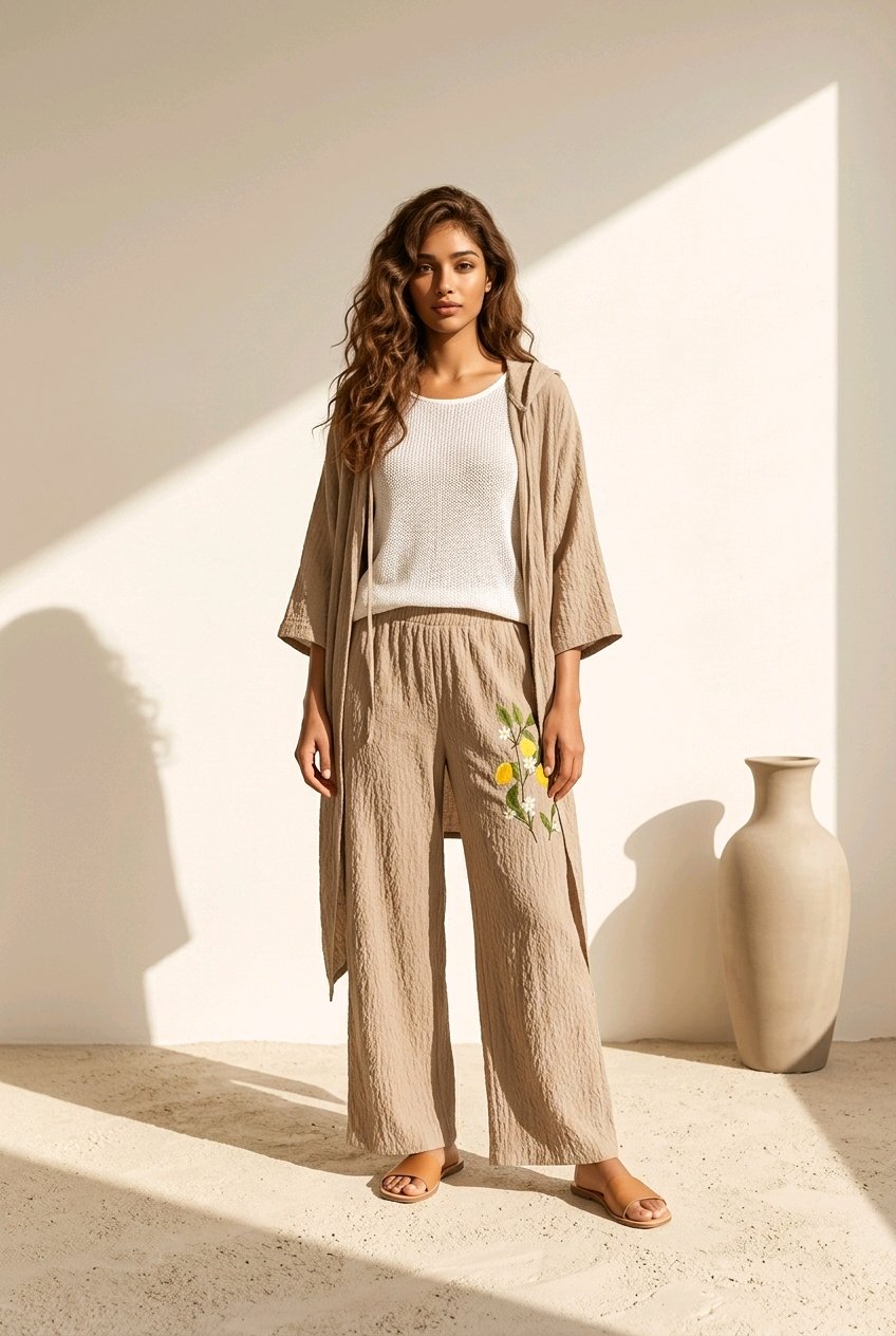 Γυναικείο Σετ Ζακέτα & Παντελόνα – Relaxed Boho Style - Μπεζ