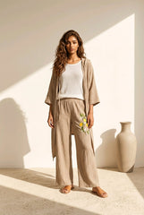 Γυναικείο Σετ Ζακέτα & Παντελόνα – Relaxed Boho Style - Μπεζ