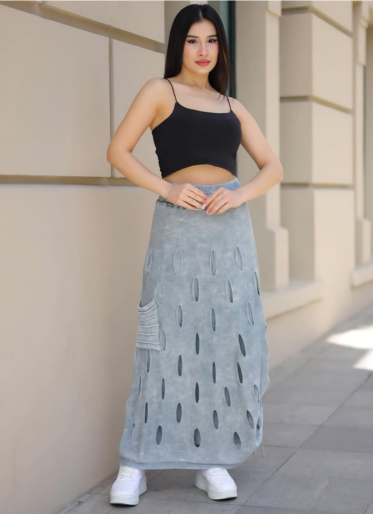 Βαμβακερή φούστα με σκισίματα Μονόχρωμο Γκρι σε Άνετη γραμμή