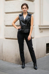 Αμάνικο γιλέκο δερματίνη Μονόχρωμο Μαύρο σε Κανονική γραμμή