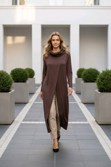 Μακριά Ασύμμετρη Τουνίκ με Cowl Neck Καφέ Άνετη γραμμή