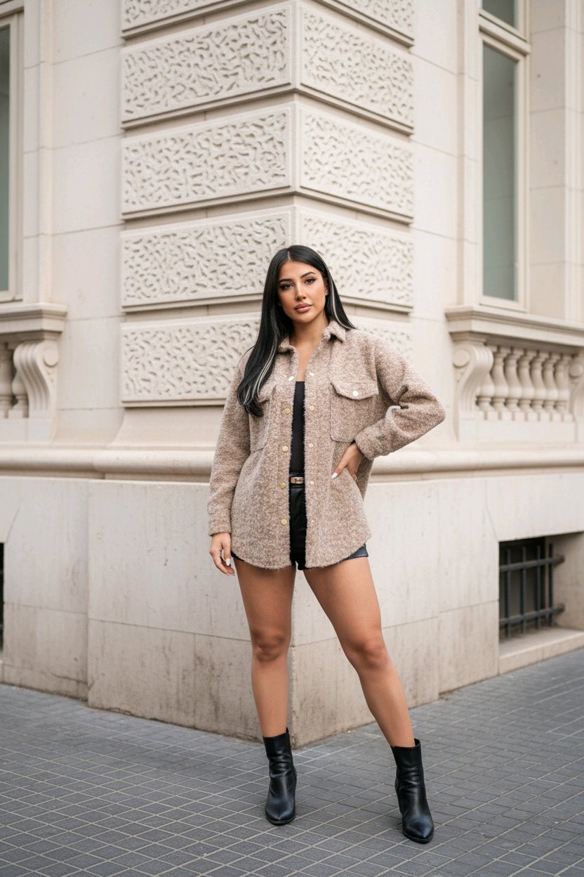 Ζακέτα πουκάμισο Μονόχρωμο Καφέ Πολυεστέρας σε Άνετη γραμμή