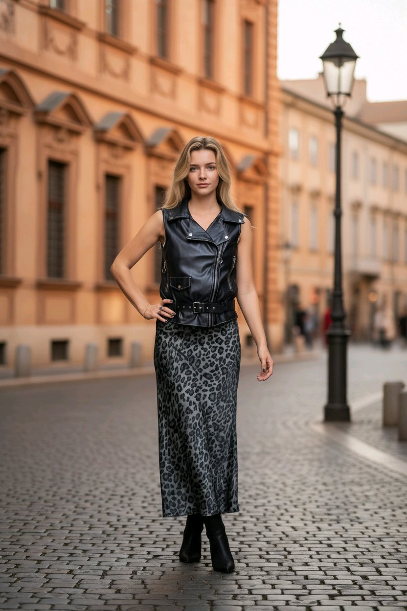 Maxi σατέν φούστα Animal print Πράσινο Λεοπάρ σε Κανονική γραμμή