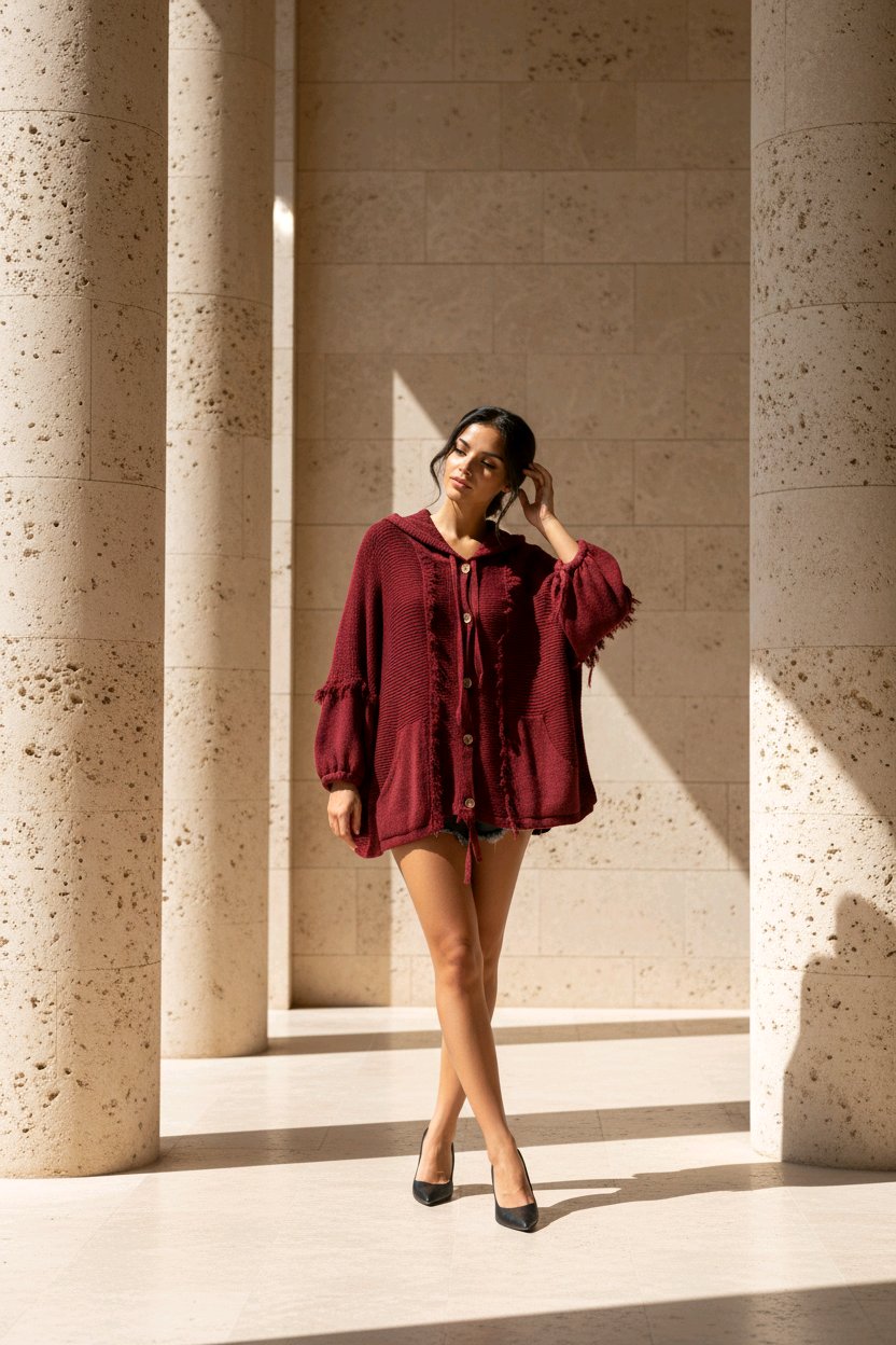 Ζακέτα με κουκούλα 100% βαμβάκι Μονόχρωμο Μπορντό σε Άνετη γραμμή