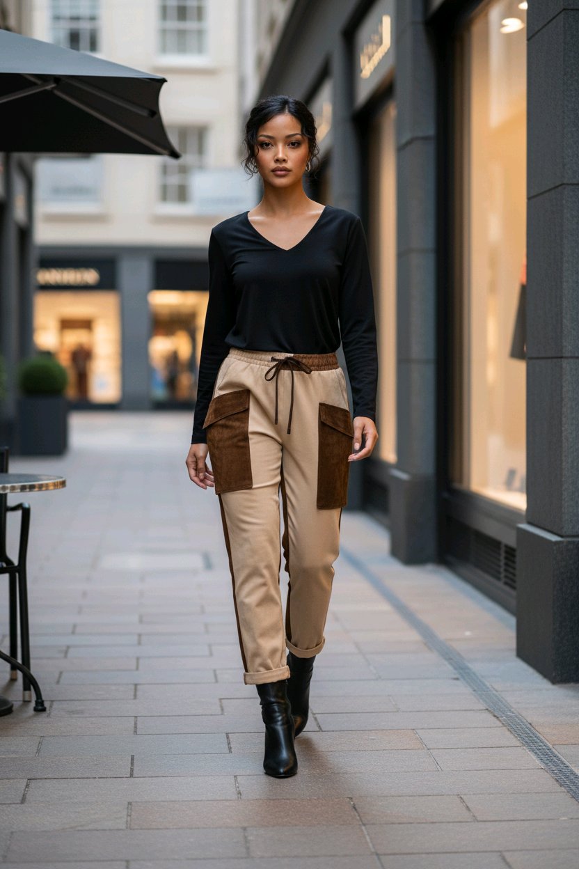 Παντελόνι από Σουέτ με Λάστιχο στη Μέση Μπεζ Καφέ