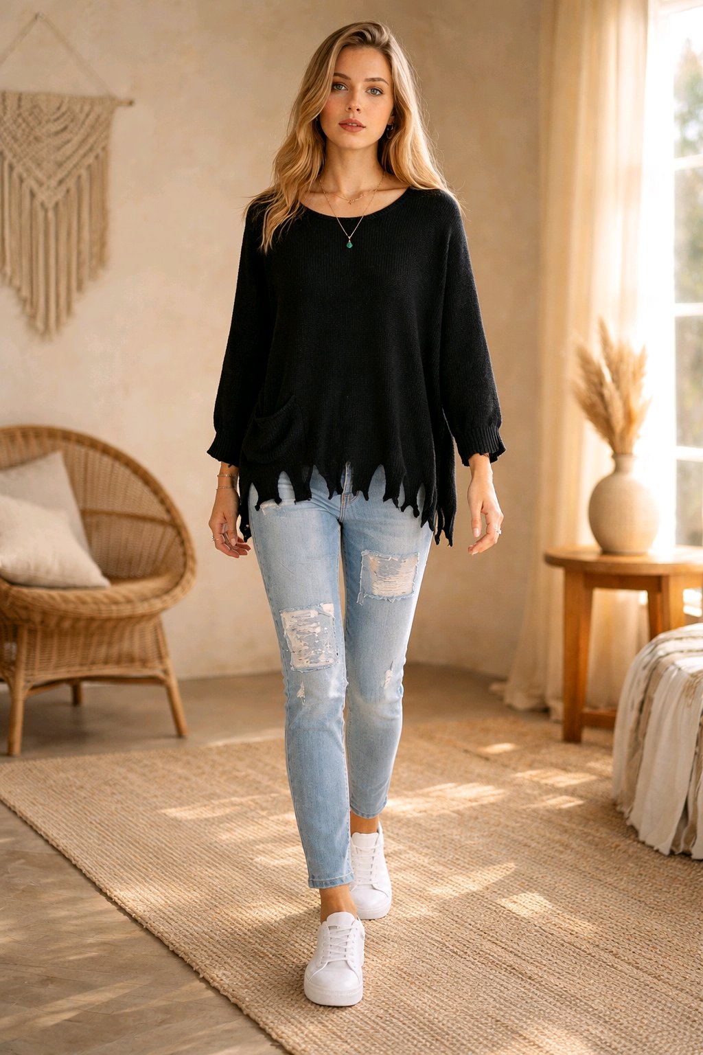 Oversized Μπλούζα με Ασύμμετρο Τελείωμα & Πλαϊνή Τσέπη - Μαύρη