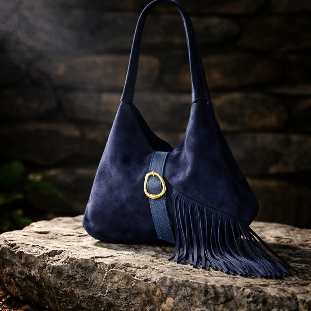 Τσάντα Ώμου Σκούρο Μπλε από Σουέτ Δέρμα με Κρόσσια