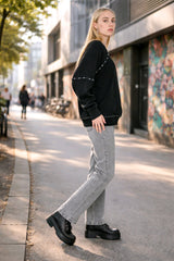 Μπλούζα με πλεκτά μανίκια Μονόχρωμο Μαύρο Βαμβακερό σε Άνετη γραμμή