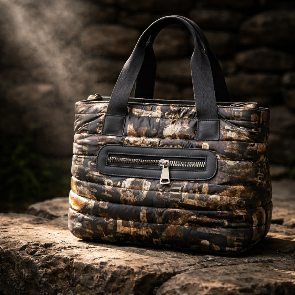 Τσάντα Ώμου & Χειρός Puffer Μαύρη με Χρυσό σχέδιο