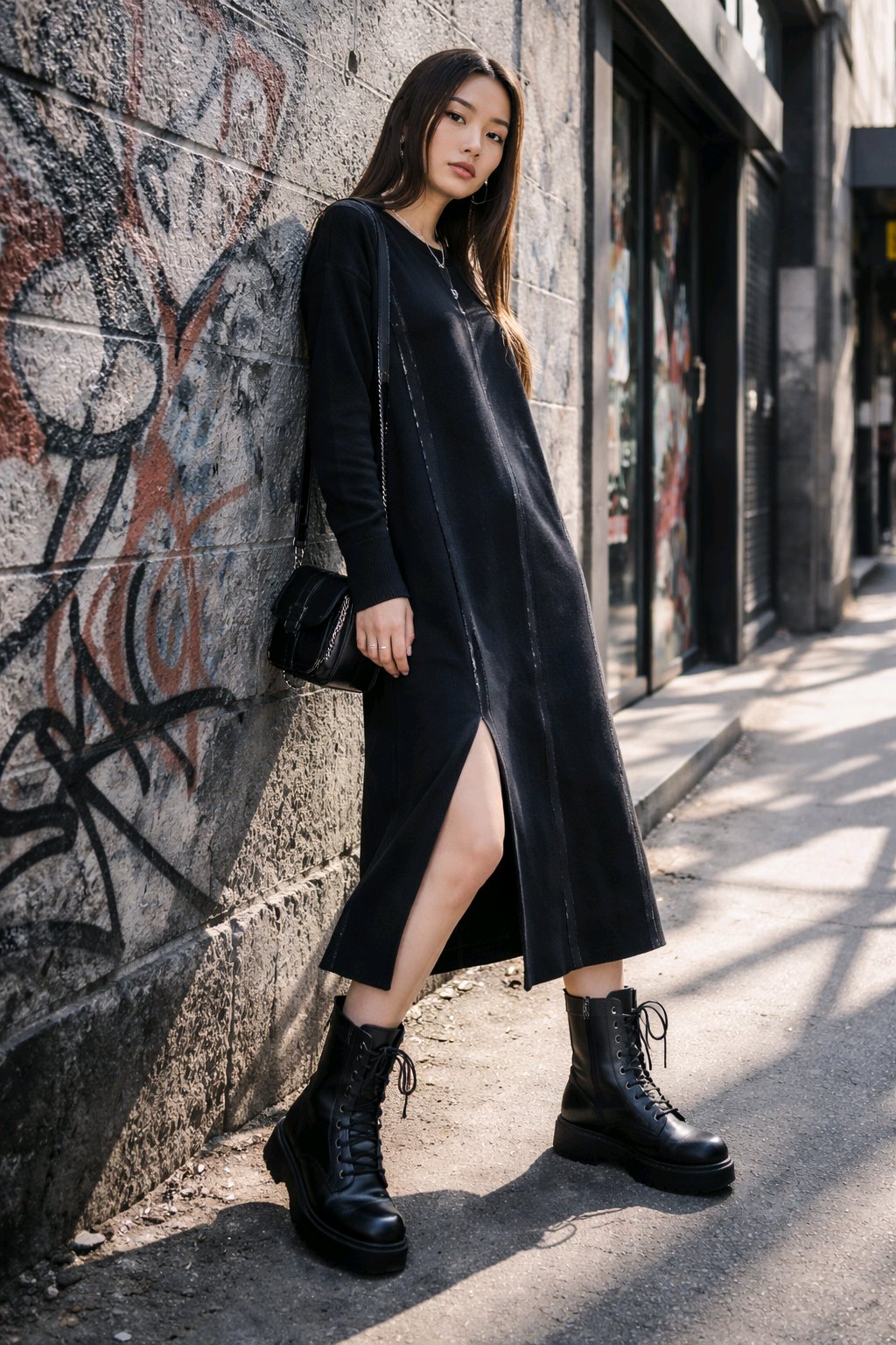 Μακρύ φόρεμα Μονόχρωμο Μαύρο Βαμβακερό σε Άνετη γραμμή