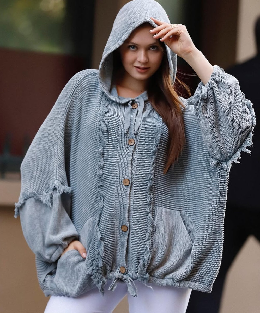 Ζακέτα με κουκούλα 100% βαμβάκι Μονόχρωμο Γκρι Βαμβακερό σε Άνετη γραμμή